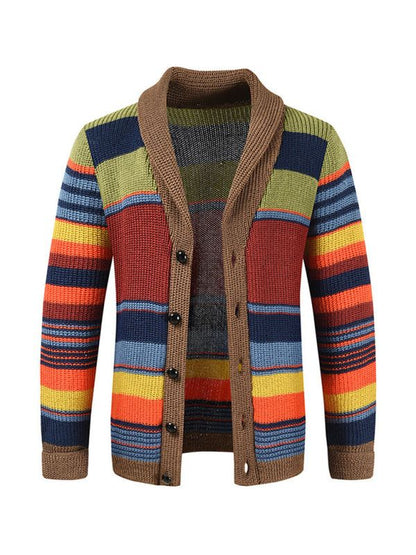 Vibrant rainbow striped men's casual button cardigan with colorful design for spring-summer comfort.