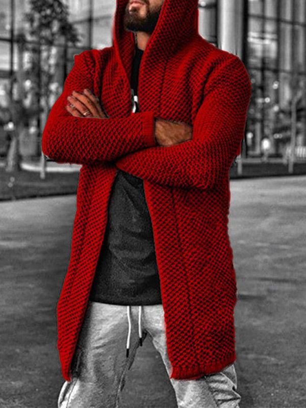 Men's hooded long sleeve knitted sweater cardigan in red, perfect for spring and summer outings.