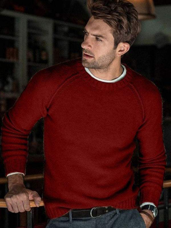Men's red round neck slim fit sweater with dropped shoulder sleeves.