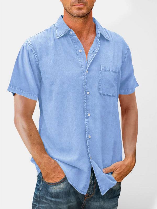 Men's casual solid color slim fit lapel short sleeve shirt.