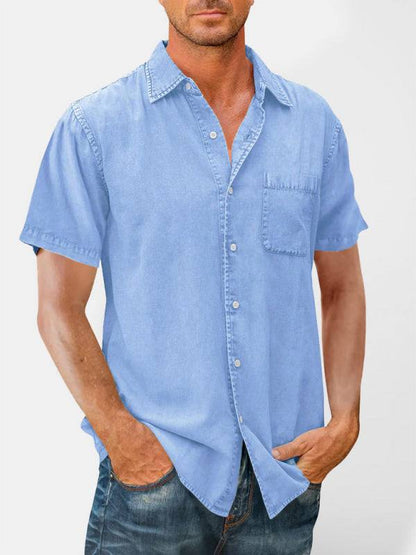 Men's casual solid color slim fit lapel short sleeve shirt.