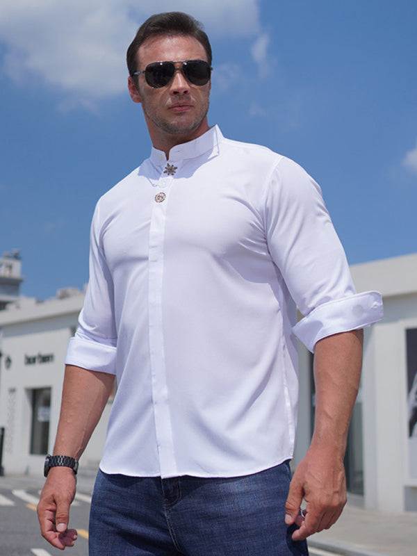 Plus size men's embroidered long-sleeve white casual shirt, ideal for all seasons.