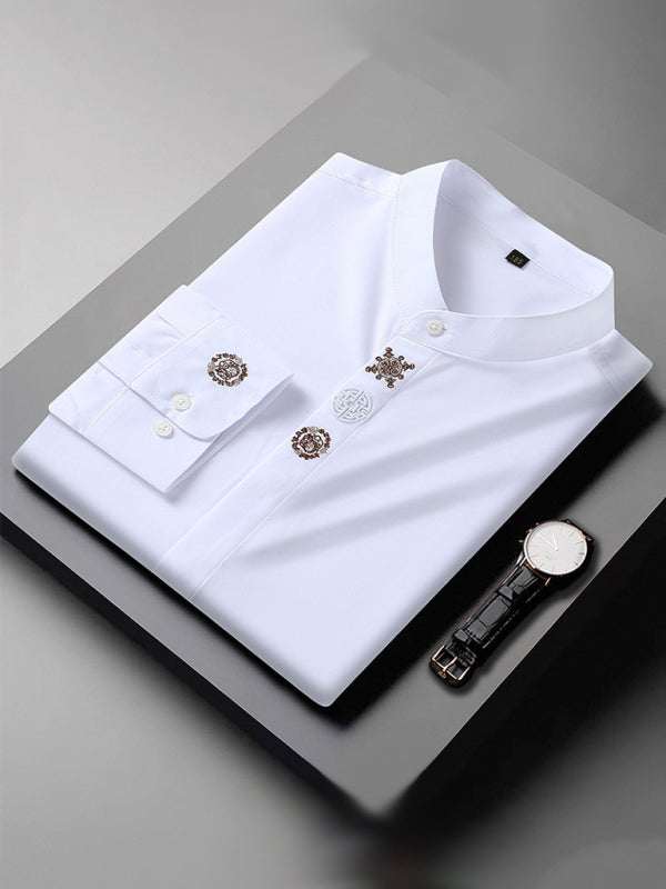 Stylish Plus Size Men's Embroidered Long-Sleeve Casual Shirt - Comfortable Stretch Fabric for All Seasons - MENLL