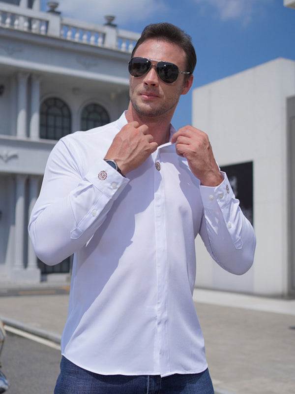 Stylish Plus Size Men's Embroidered Long-Sleeve Casual Shirt - Comfortable Stretch Fabric for All Seasons - MENLL