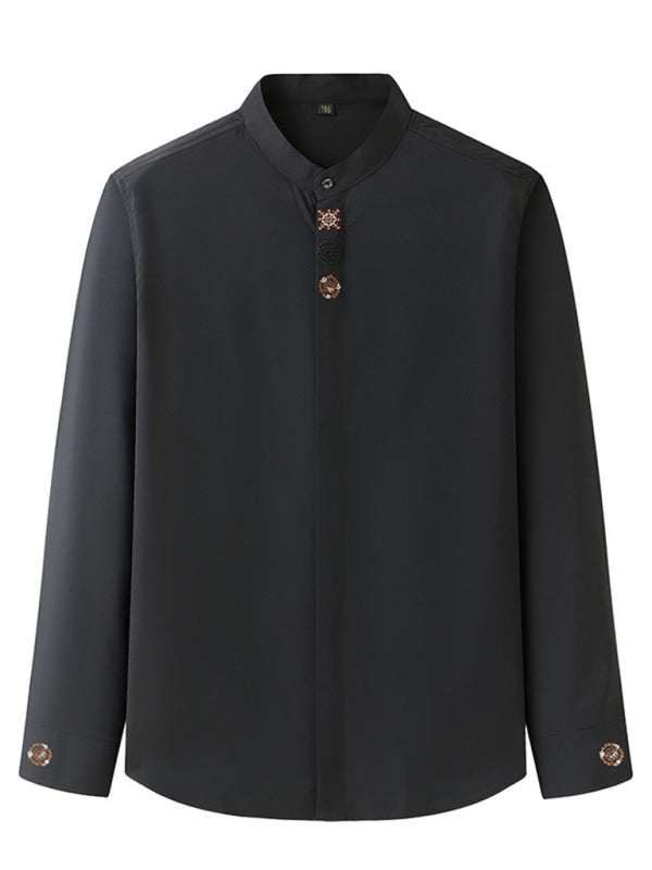 Stylish Plus Size Men's Embroidered Long-Sleeve Casual Shirt - Comfortable Stretch Fabric for All Seasons - MENLL