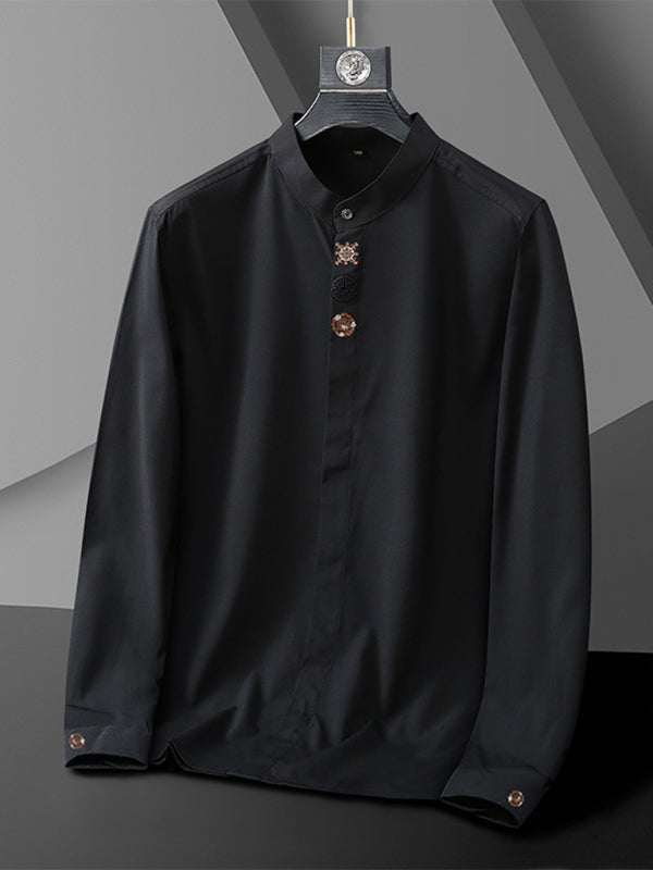 Stylish Plus Size Men's Embroidered Long-Sleeve Casual Shirt - Comfortable Stretch Fabric for All Seasons - MENLL