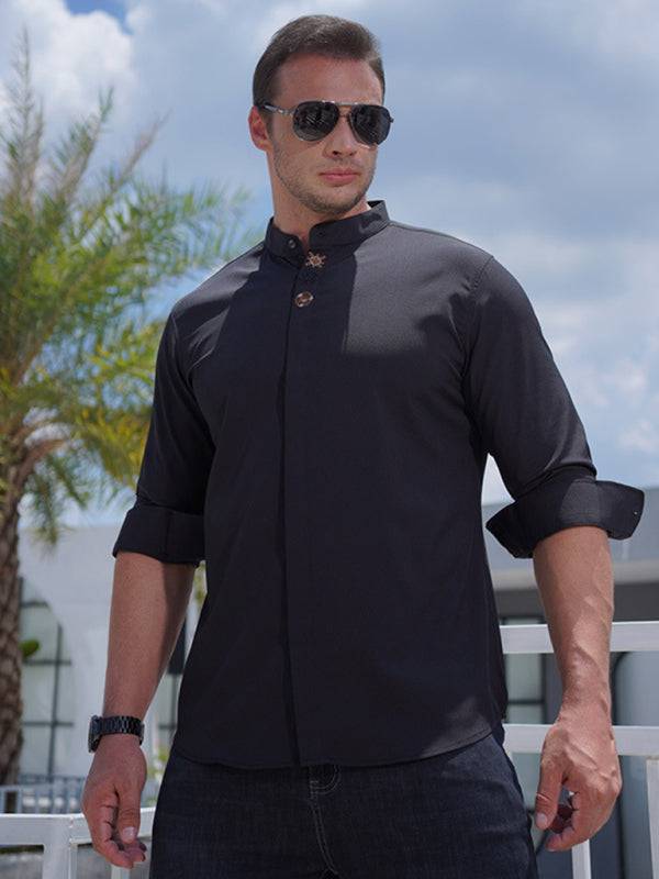 Stylish Plus Size Men's Embroidered Long-Sleeve Casual Shirt - Comfortable Stretch Fabric for All Seasons - MENLL