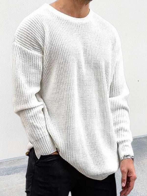 Solid color round neck long sleeve pullover sweater for men, perfect for autumn-winter fashion.