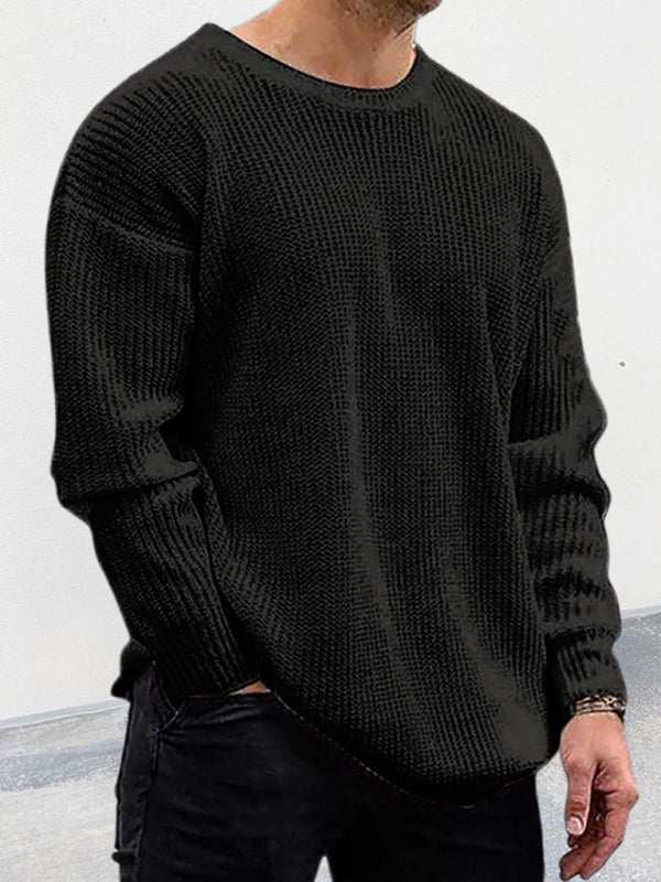 Chic Men's Solid Color Round Neck Knit Pullover Sweater for Stylish Autumn-Winter Days