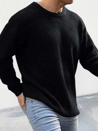Chic Men's Solid Color Round Neck Knit Pullover Sweater for Stylish Autumn-Winter Days