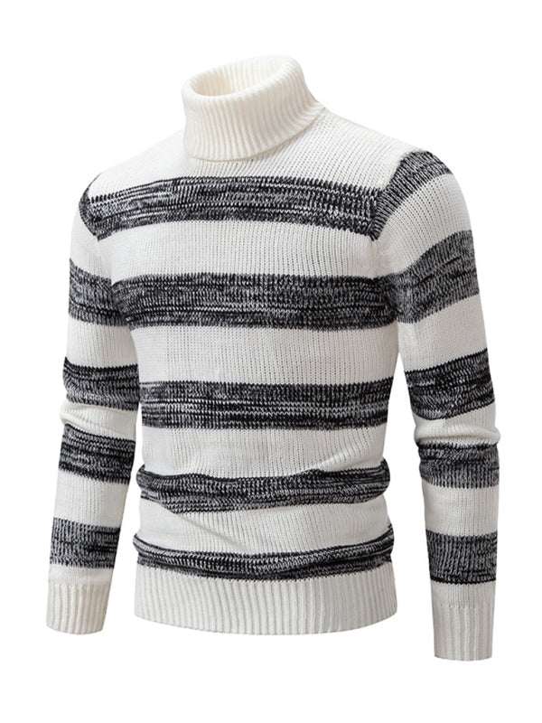 Striped patchwork turtleneck slim fit sweater for men, autumn essential.