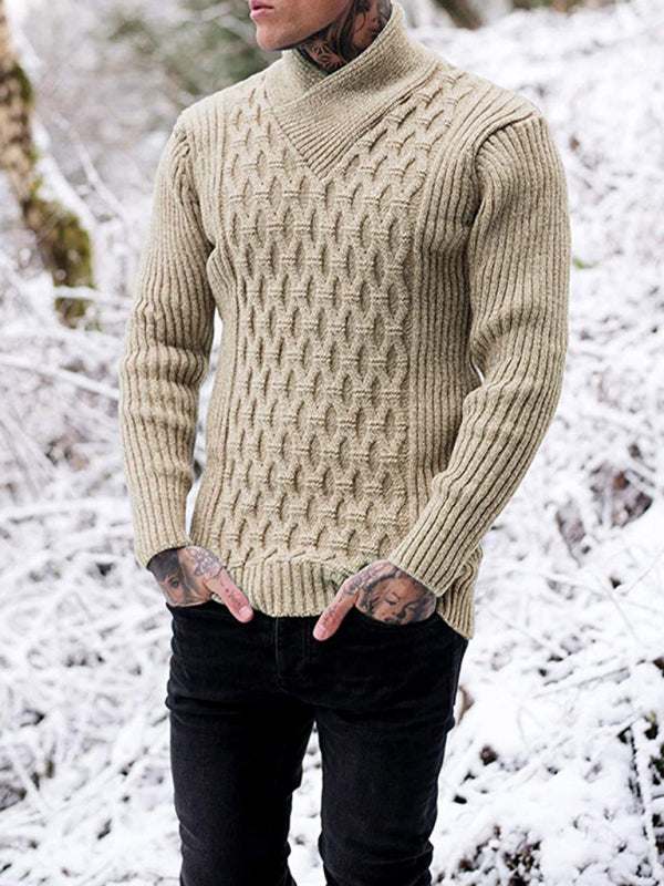 Cozy Cable Knit Shawl Collar Pullover Sweater for Men - MENLL