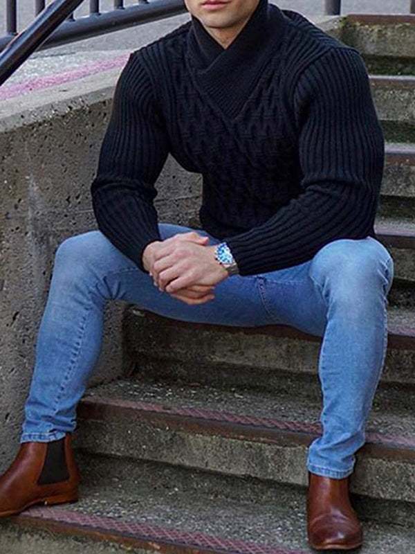 Cozy Cable Knit Shawl Collar Pullover Sweater for Men - MENLL
