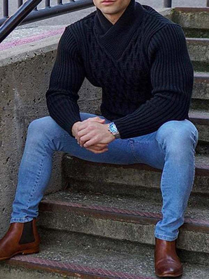 Cozy Cable Knit Shawl Collar Pullover Sweater for Men - MENLL