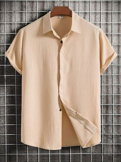 Effortlessly Stylish Men's Short Sleeve Casual Button-Up Shirt in Soft Cotton-Linen Blend - MENLL