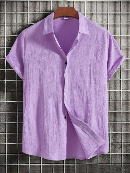 Effortlessly Stylish Men's Short Sleeve Casual Button-Up Shirt in Soft Cotton-Linen Blend - MENLL