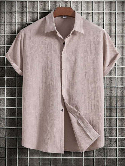 Effortlessly Stylish Men's Short Sleeve Casual Button-Up Shirt in Soft Cotton-Linen Blend - MENLL