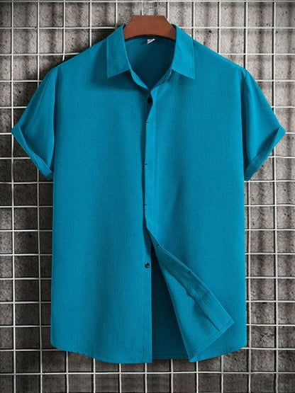 Effortlessly Stylish Men's Short Sleeve Casual Button-Up Shirt in Soft Cotton-Linen Blend - MENLL