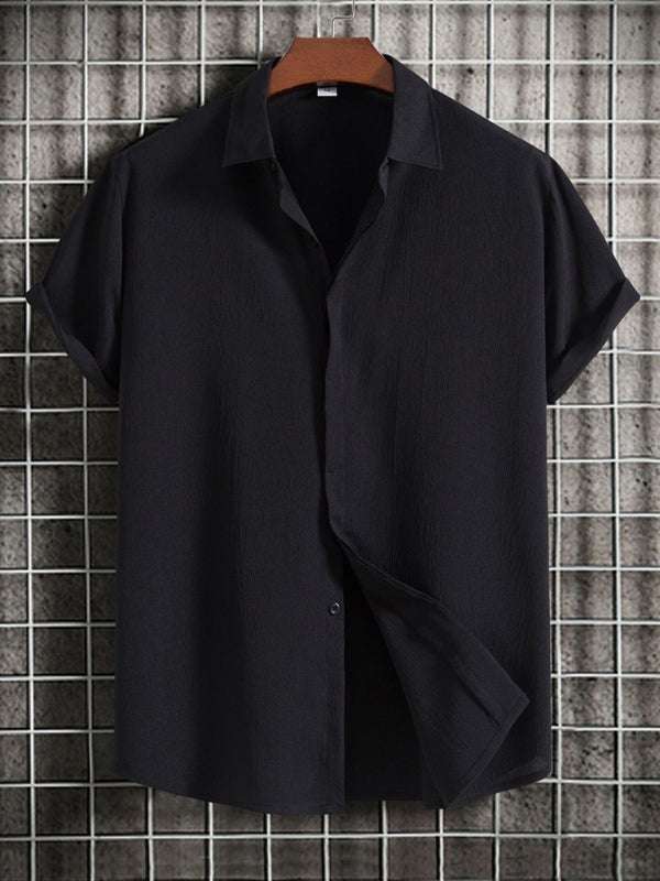 Effortlessly Stylish Men's Short Sleeve Casual Button-Up Shirt in Soft Cotton-Linen Blend - MENLL