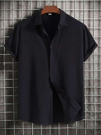 Effortlessly Stylish Men's Short Sleeve Casual Button-Up Shirt in Soft Cotton-Linen Blend - MENLL