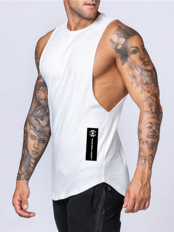 Men's solid color sleeveless sports tank, breathable cotton blend, round neck, slim fit.