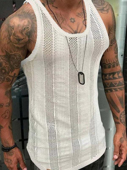 Sleek White Mesh Sleeveless Sports Vest for Men - Lightweight & Stylish Performance Top
