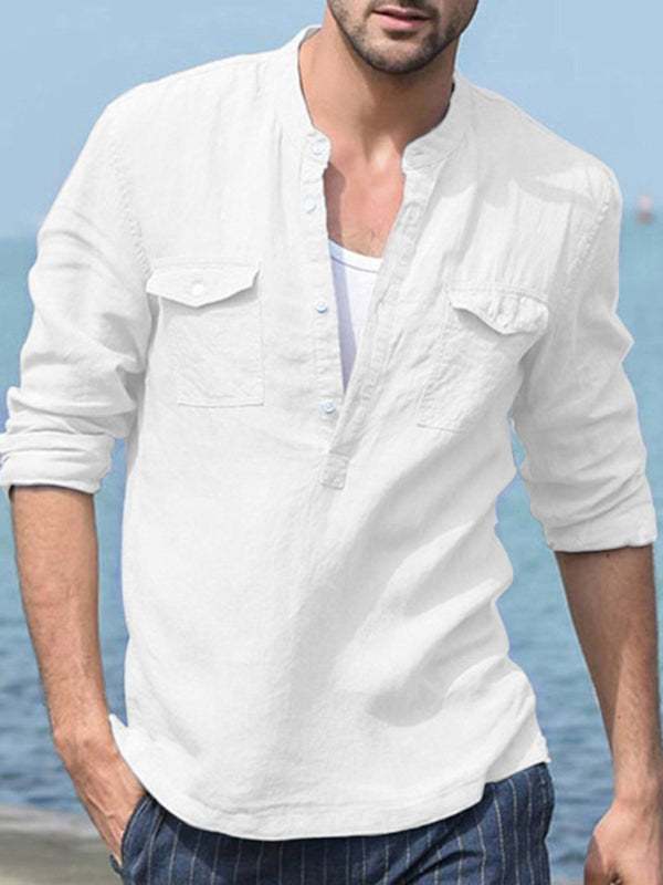 Men's white cotton-linen pocket shirt for spring-summer chic, wrinkle-resistant.