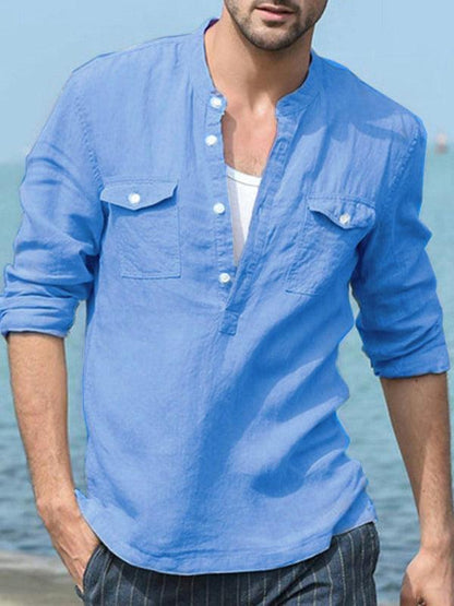 Stylish Men's Cotton-Linen Pocket Shirt for Effortless Spring-Summer Chic - MENLL