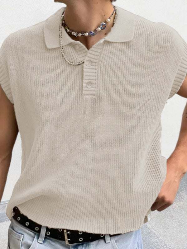 Men's knitted polo with lapel collar in solid color for spring-summer.