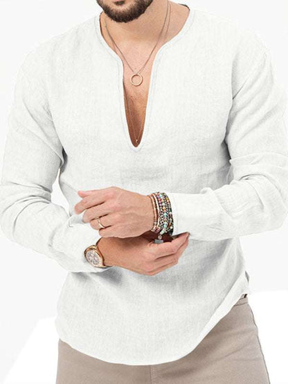 Men's slim fit long sleeve deep V-neck solid color T-shirt.