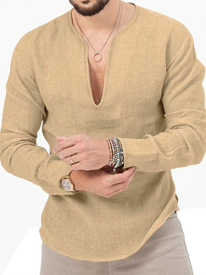 Stylish Men's Slim Fit Long Sleeve Deep V-Neck T-Shirt - Versatile Solid Color Top for Every Season