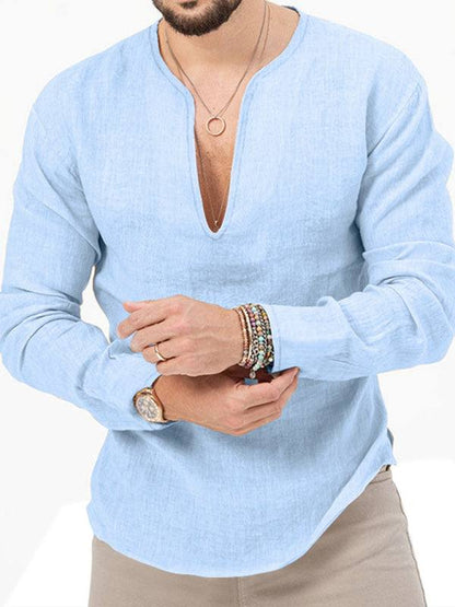Stylish Men's Slim Fit Long Sleeve Deep V-Neck T-Shirt - Versatile Solid Color Top for Every Season