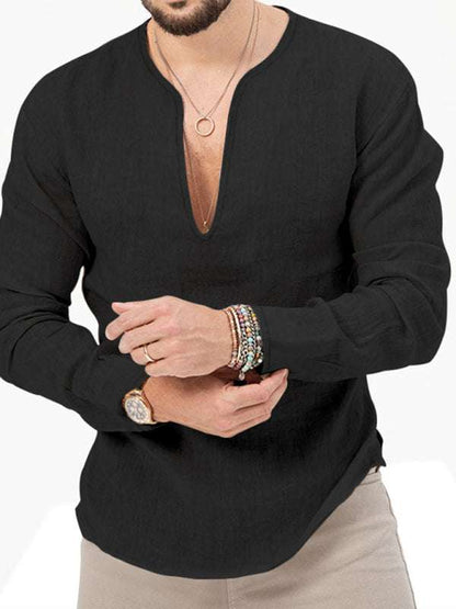Stylish Men's Slim Fit Long Sleeve Deep V-Neck T-Shirt - Versatile Solid Color Top for Every Season