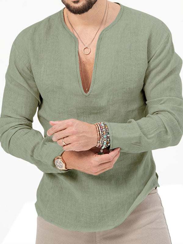Stylish Men's Slim Fit Long Sleeve Deep V-Neck T-Shirt - Versatile Solid Color Top for Every Season