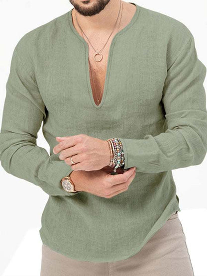 Stylish Men's Slim Fit Long Sleeve Deep V-Neck T-Shirt - Versatile Solid Color Top for Every Season