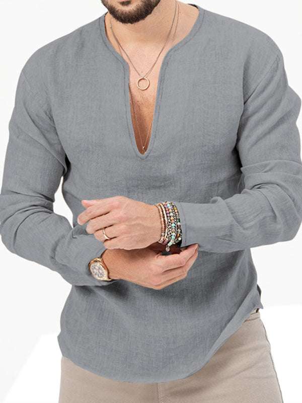 Stylish Men's Slim Fit Long Sleeve Deep V-Neck T-Shirt - Versatile Solid Color Top for Every Season
