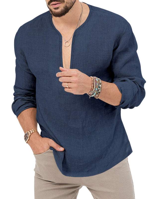 Stylish Men's Slim Fit Long Sleeve Deep V-Neck T-Shirt - Versatile Solid Color Top for Every Season