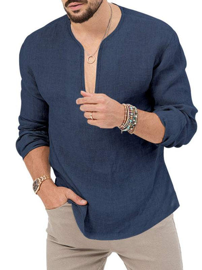 Stylish Men's Slim Fit Long Sleeve Deep V-Neck T-Shirt - Versatile Solid Color Top for Every Season