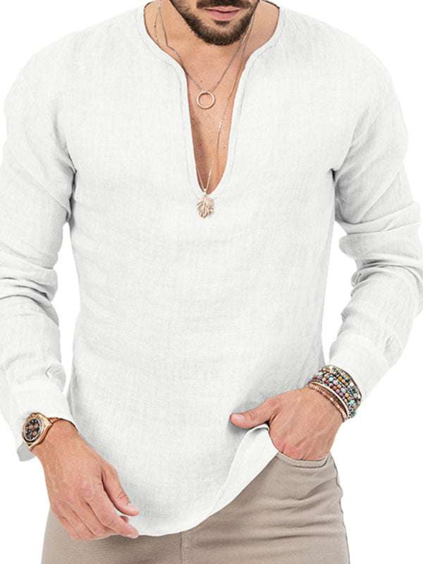 Stylish Men's Slim Fit Long Sleeve Deep V-Neck T-Shirt - Versatile Solid Color Top for Every Season