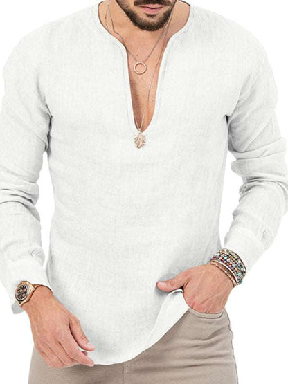 Stylish Men's Slim Fit Long Sleeve Deep V-Neck T-Shirt - Versatile Solid Color Top for Every Season