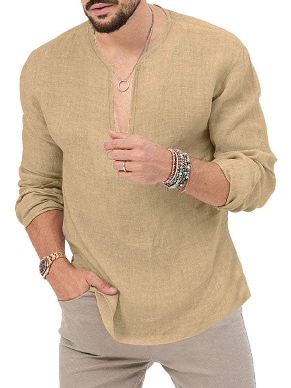 Stylish Men's Slim Fit Long Sleeve Deep V-Neck T-Shirt - Versatile Solid Color Top for Every Season