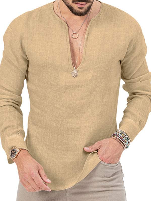 Stylish Men's Slim Fit Long Sleeve Deep V-Neck T-Shirt - Versatile Solid Color Top for Every Season