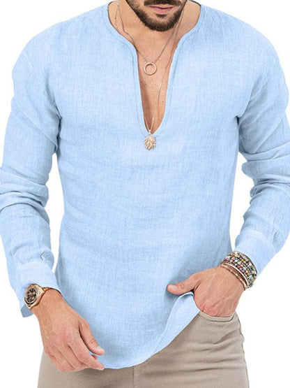 Stylish Men's Slim Fit Long Sleeve Deep V-Neck T-Shirt - Versatile Solid Color Top for Every Season