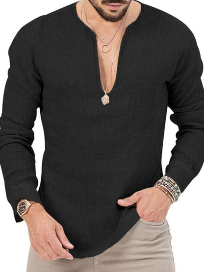 Stylish Men's Slim Fit Long Sleeve Deep V-Neck T-Shirt - Versatile Solid Color Top for Every Season