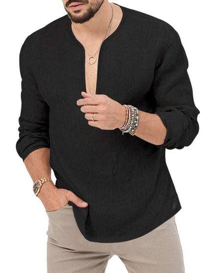 Stylish Men's Slim Fit Long Sleeve Deep V-Neck T-Shirt - Versatile Solid Color Top for Every Season