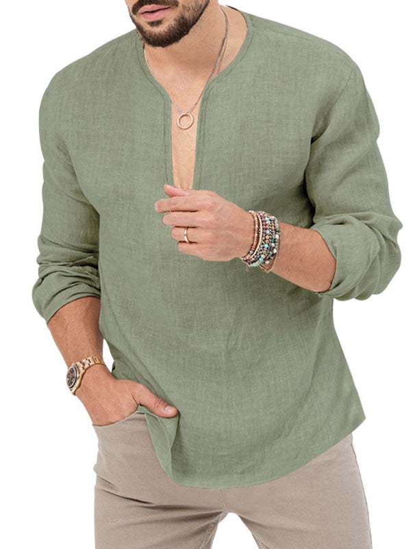 Stylish Men's Slim Fit Long Sleeve Deep V-Neck T-Shirt - Versatile Solid Color Top for Every Season