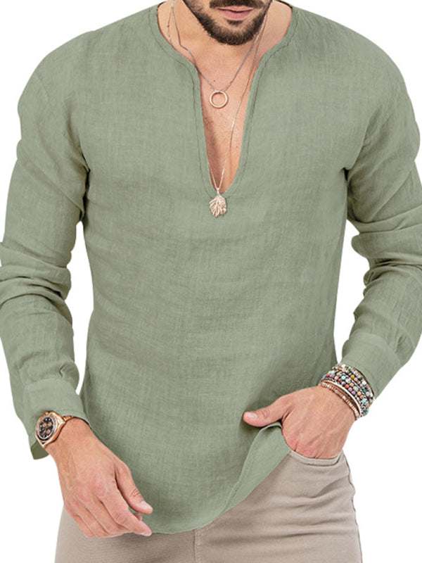 Stylish Men's Slim Fit Long Sleeve Deep V-Neck T-Shirt - Versatile Solid Color Top for Every Season