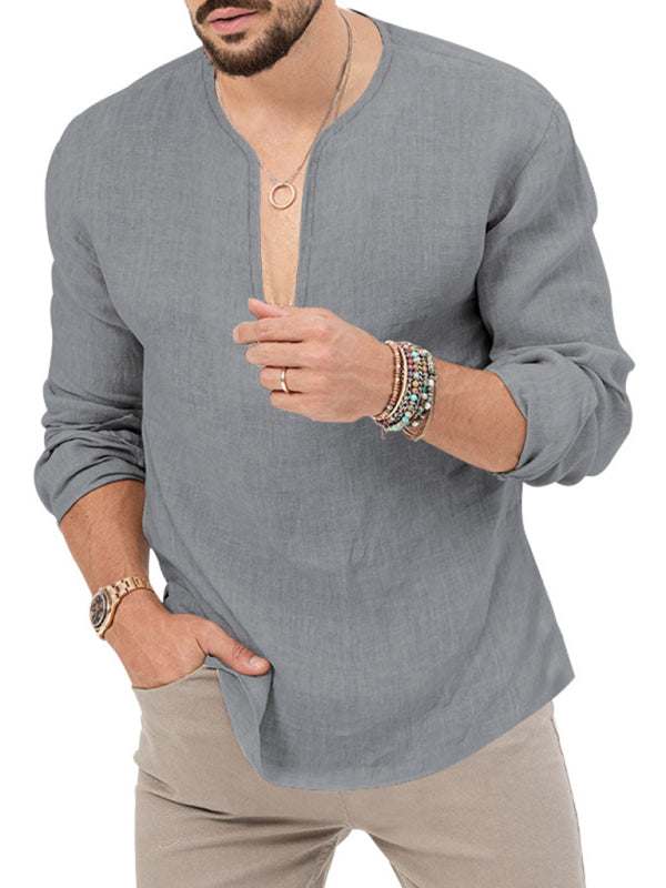 Stylish Men's Slim Fit Long Sleeve Deep V-Neck T-Shirt - Versatile Solid Color Top for Every Season