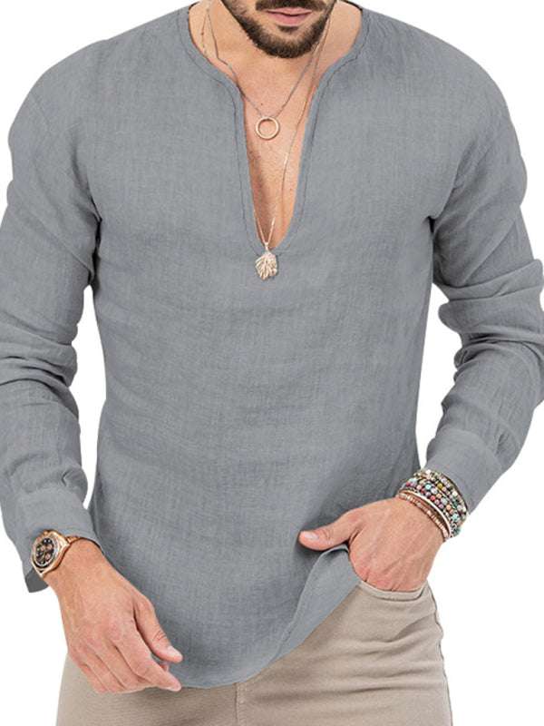 Stylish Men's Slim Fit Long Sleeve Deep V-Neck T-Shirt - Versatile Solid Color Top for Every Season