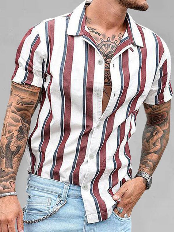 Casual striped slim-fit lapel cotton short-sleeve cardigan shirt.